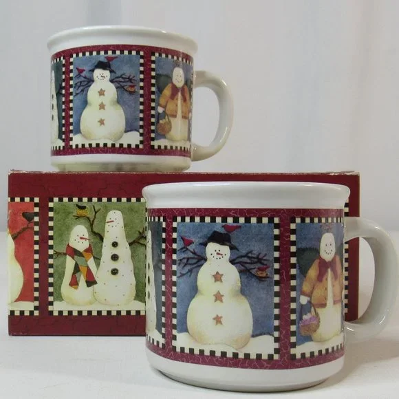 Debbie Mumm Christmas Set of 2 "Checkerboard Snowman" Ceramic Cocoa Mugs - Picture 8 of 9